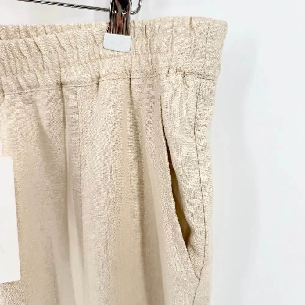 Zara Linen Blend Pull On Cropped Pants Oatmeal Beige Elastic Waist Large NWT